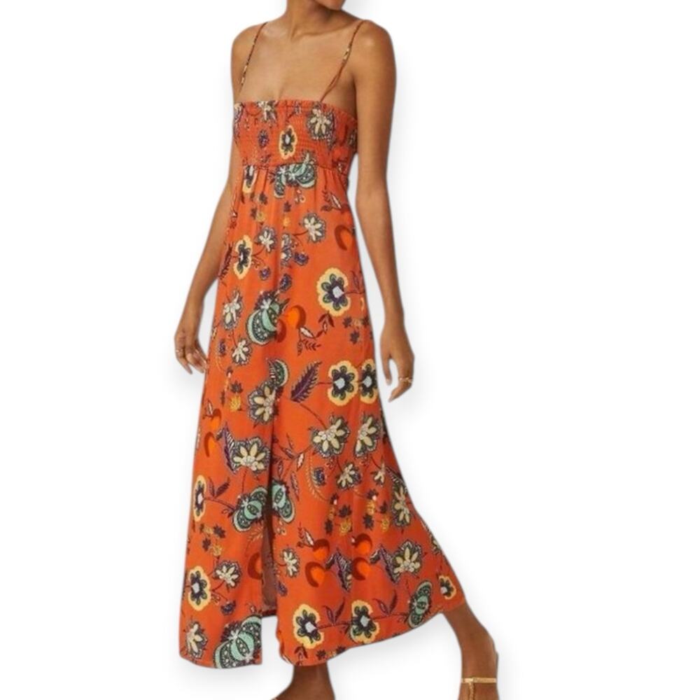 Anthropologie Maeve Floral Smocked Cross Back Maxi Dress Orange Size XS